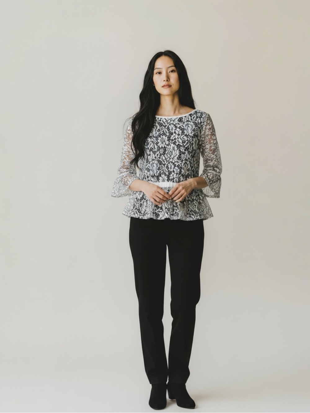 NWT WD NY lace pull over shear whimsical lacecore cream black top blouse medium